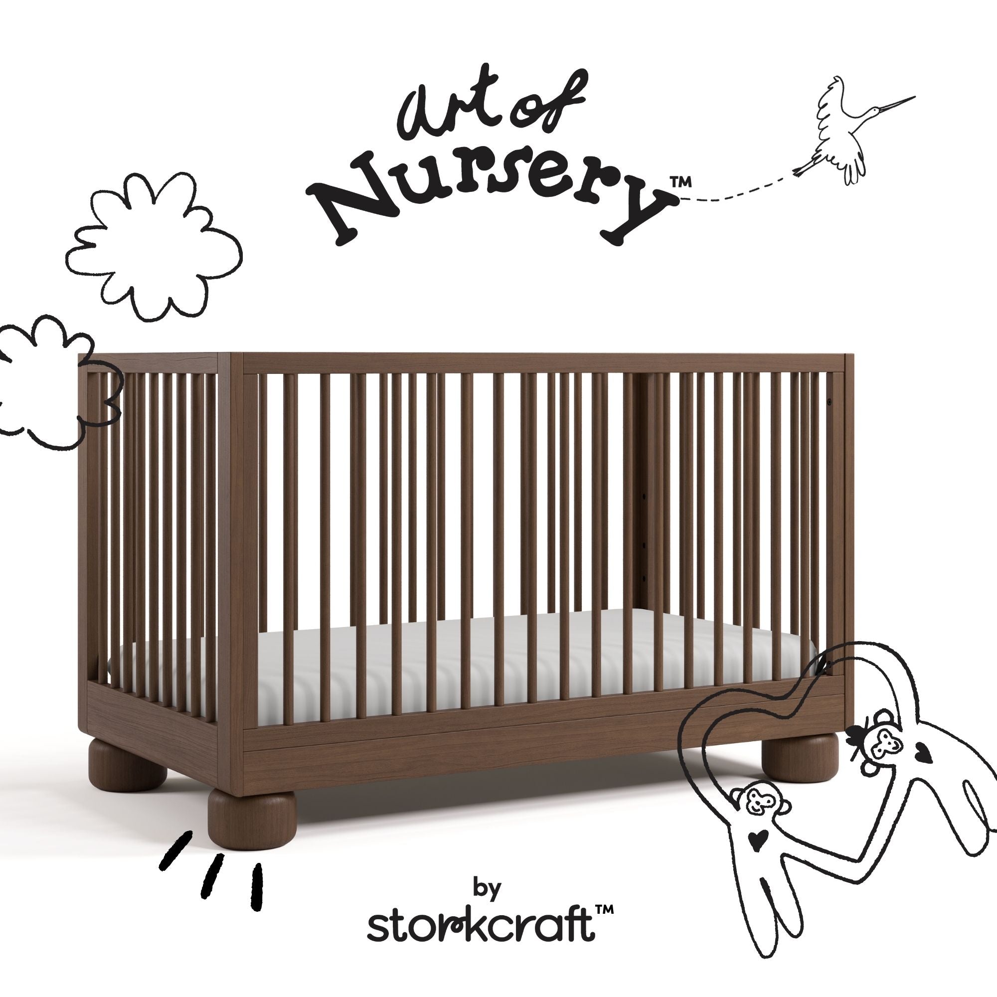 Sorrento hazelnut crib with black doodles overlaid on image