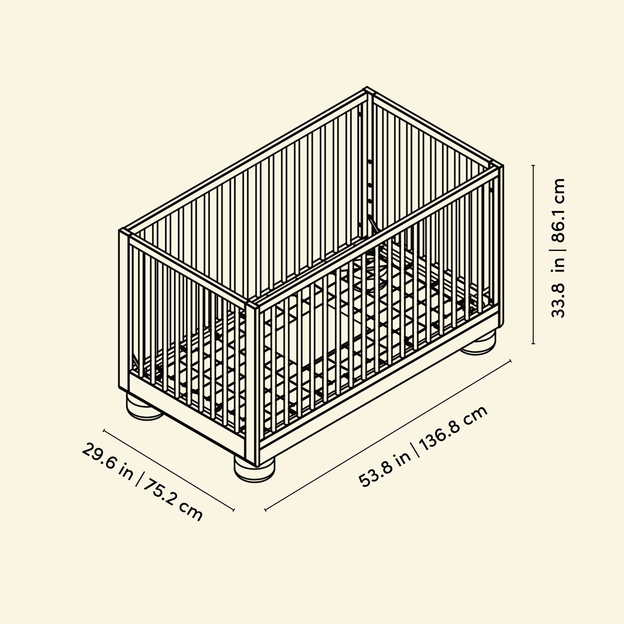 Sorrento crib line drawing with dimensions