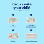 Read-with-me white with driftwood crib shown in all 4 conversions