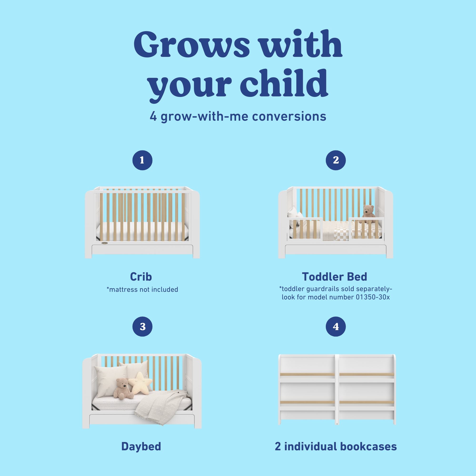 Read-with-me white with driftwood crib shown in all 4 conversions