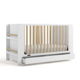 Read-with-me white with driftwood crib with drawer open angle view