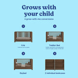 Read-with-me hazelnut crib shown in all 4 conversions