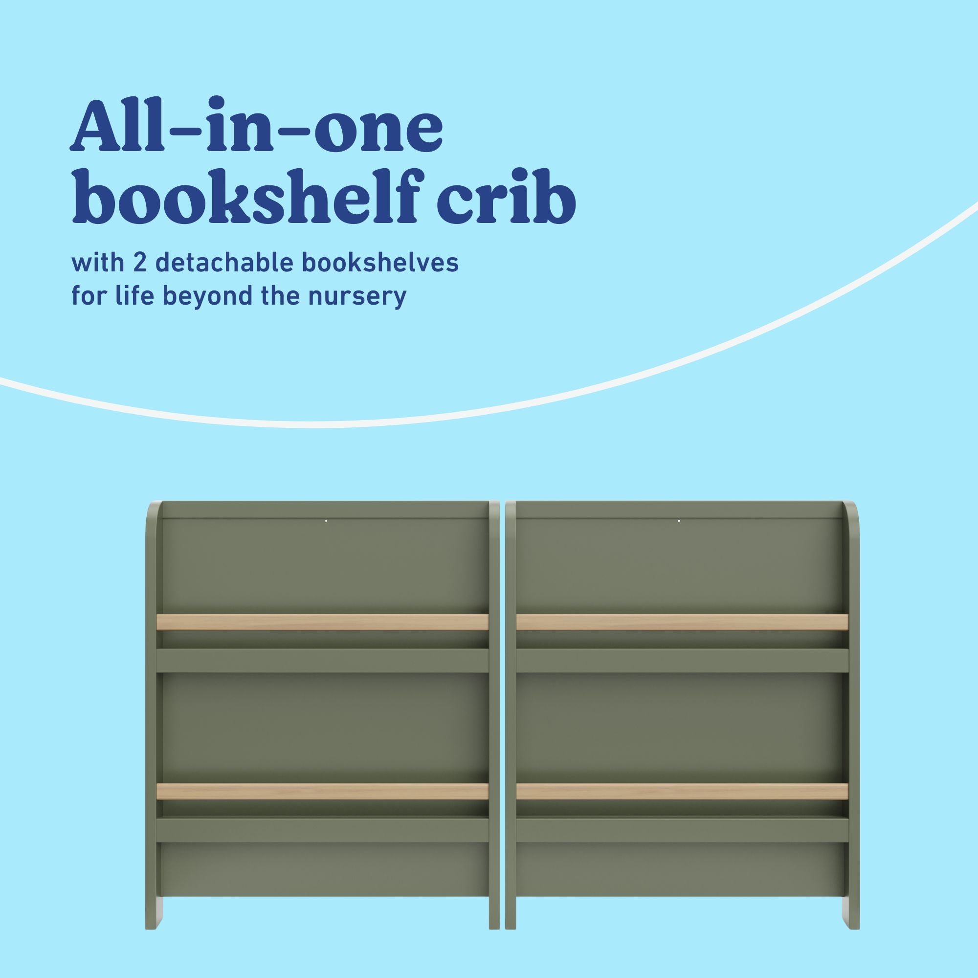 Read-with-me olive with driftwood crib bookcase callout