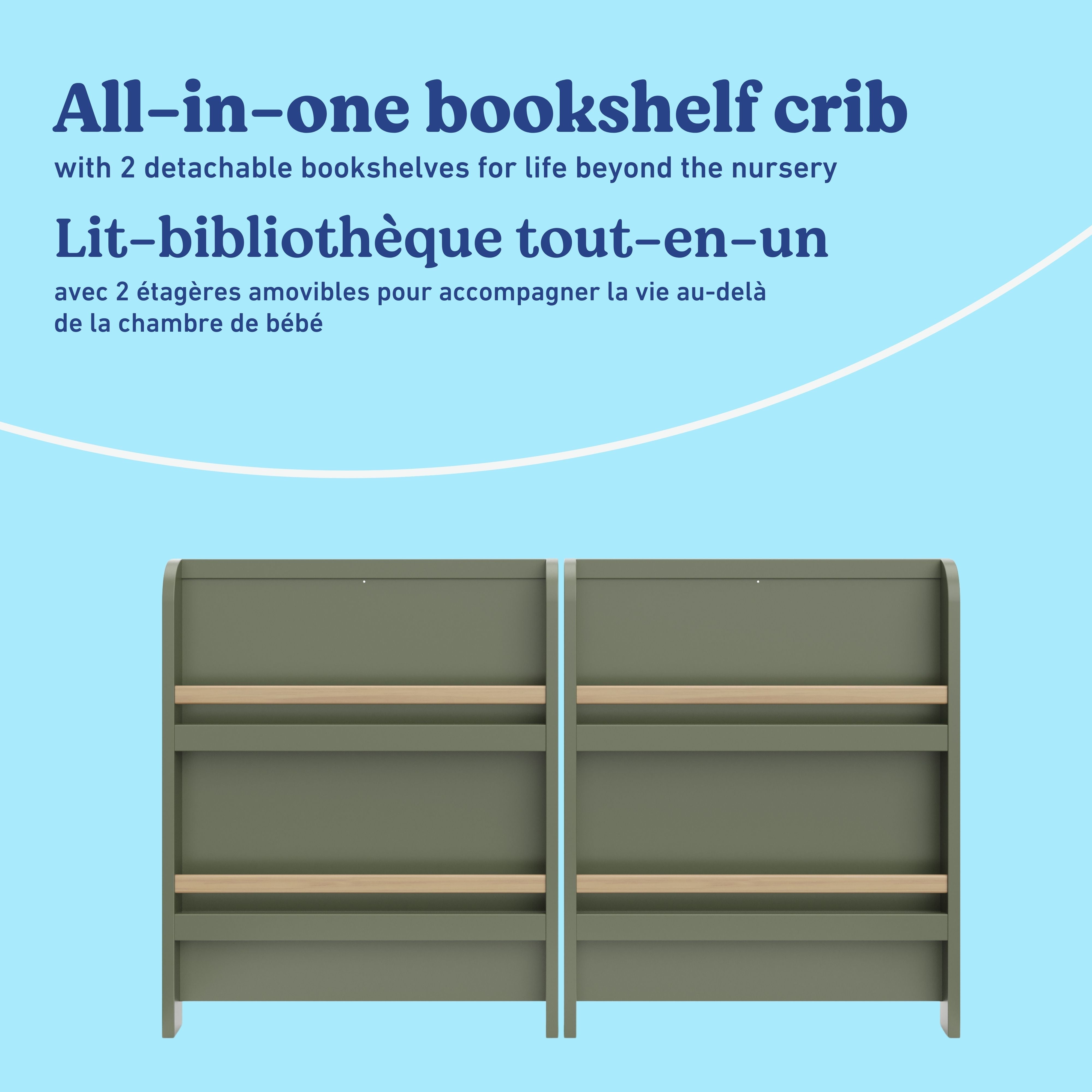 Read-with-me olive with driftwood crib bookshelf callout