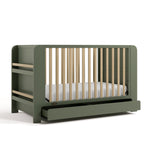 Read-with-me olive with driftwood crib with drawer open angle view