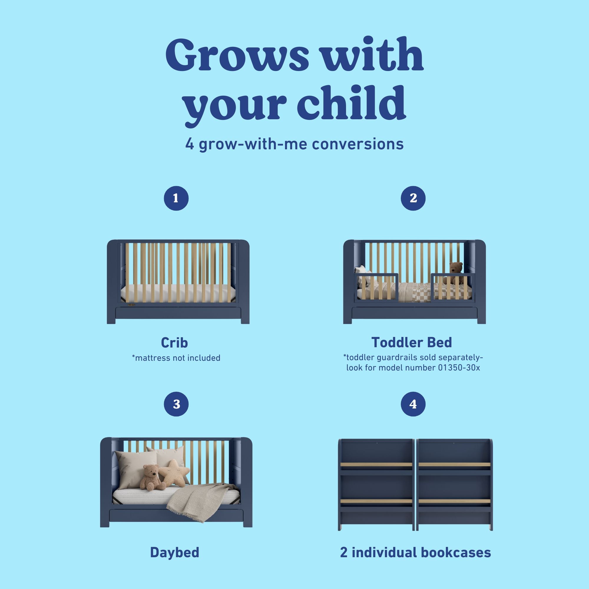 Read-with-me midnight blue with driftwood crib shown in all 4 conversions