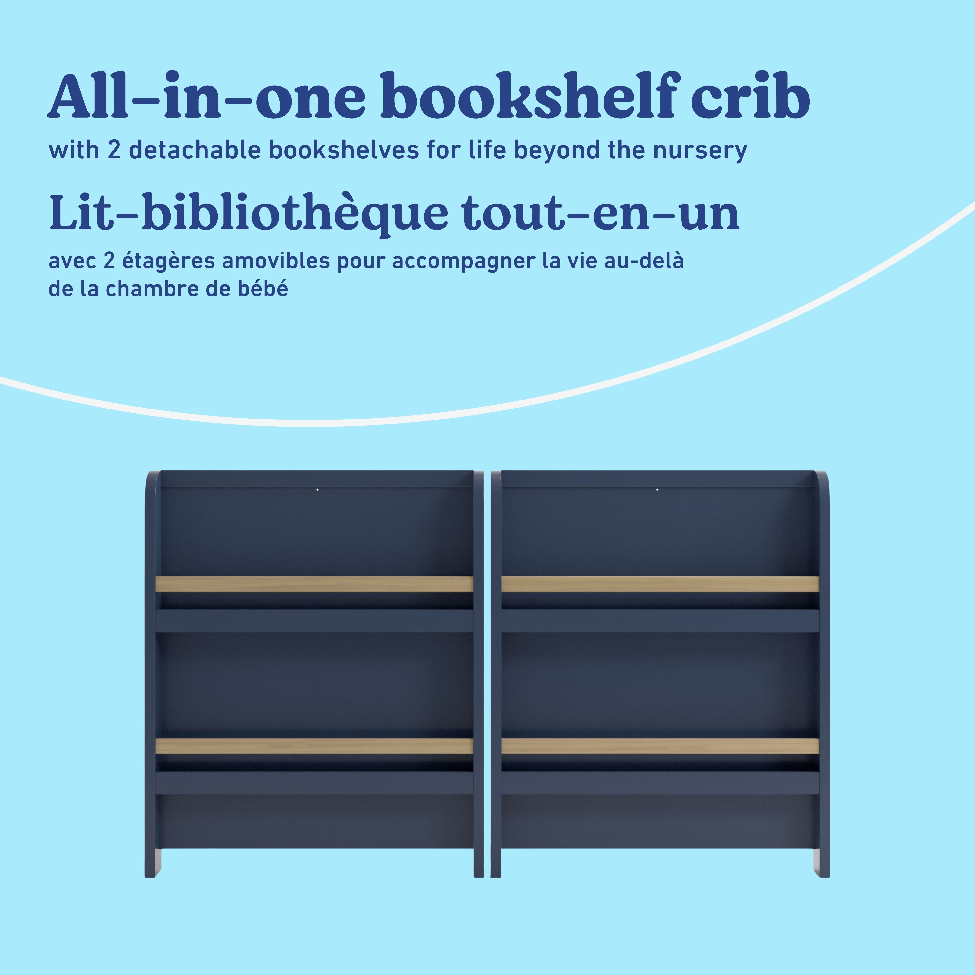 Read-with-me midnight blue with driftwood crib bookshelf callout