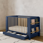 Read-with-me midnight blue with driftwood crib in nursery