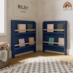 Read-with-me midnight blue with driftwood crib converted to bookshelves in nursery