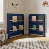 Read-with-me midnight blue with driftwood crib converted to bookshelves in nursery