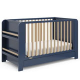 Read-with-me midnight blue with driftwood crib angle view