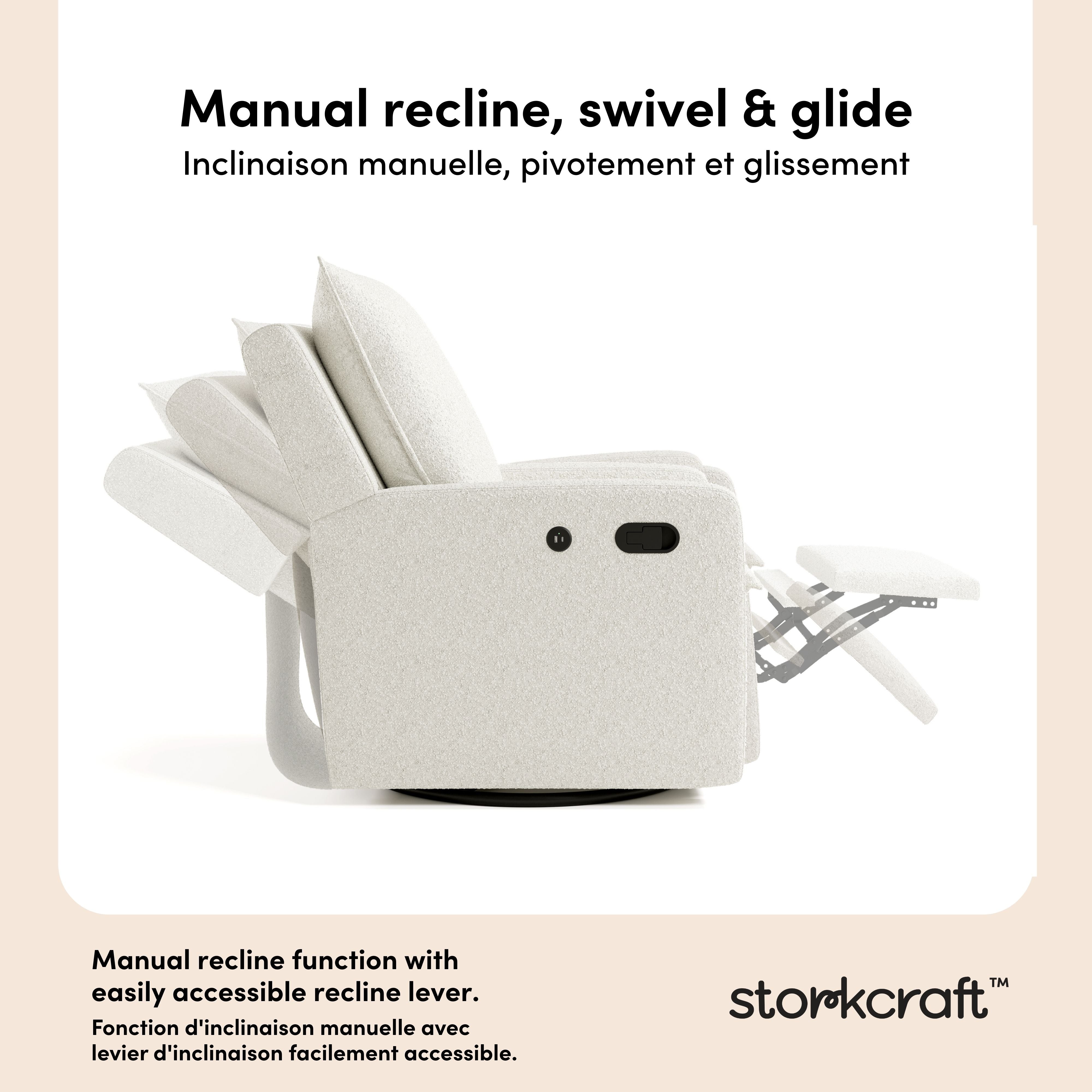 Timeless ivory boucle recliner manual recline callout