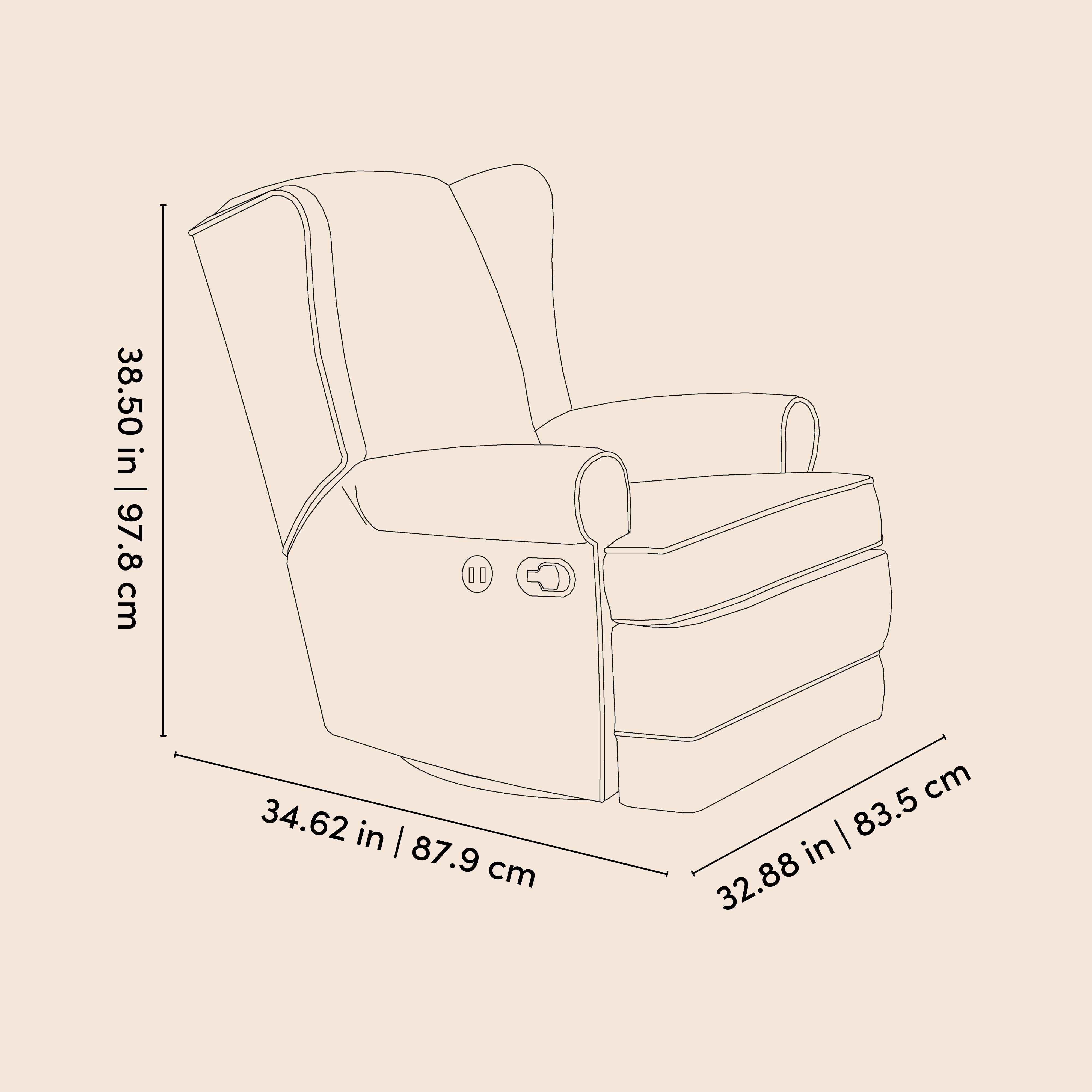 Serenity recliner line drawing with dimensions