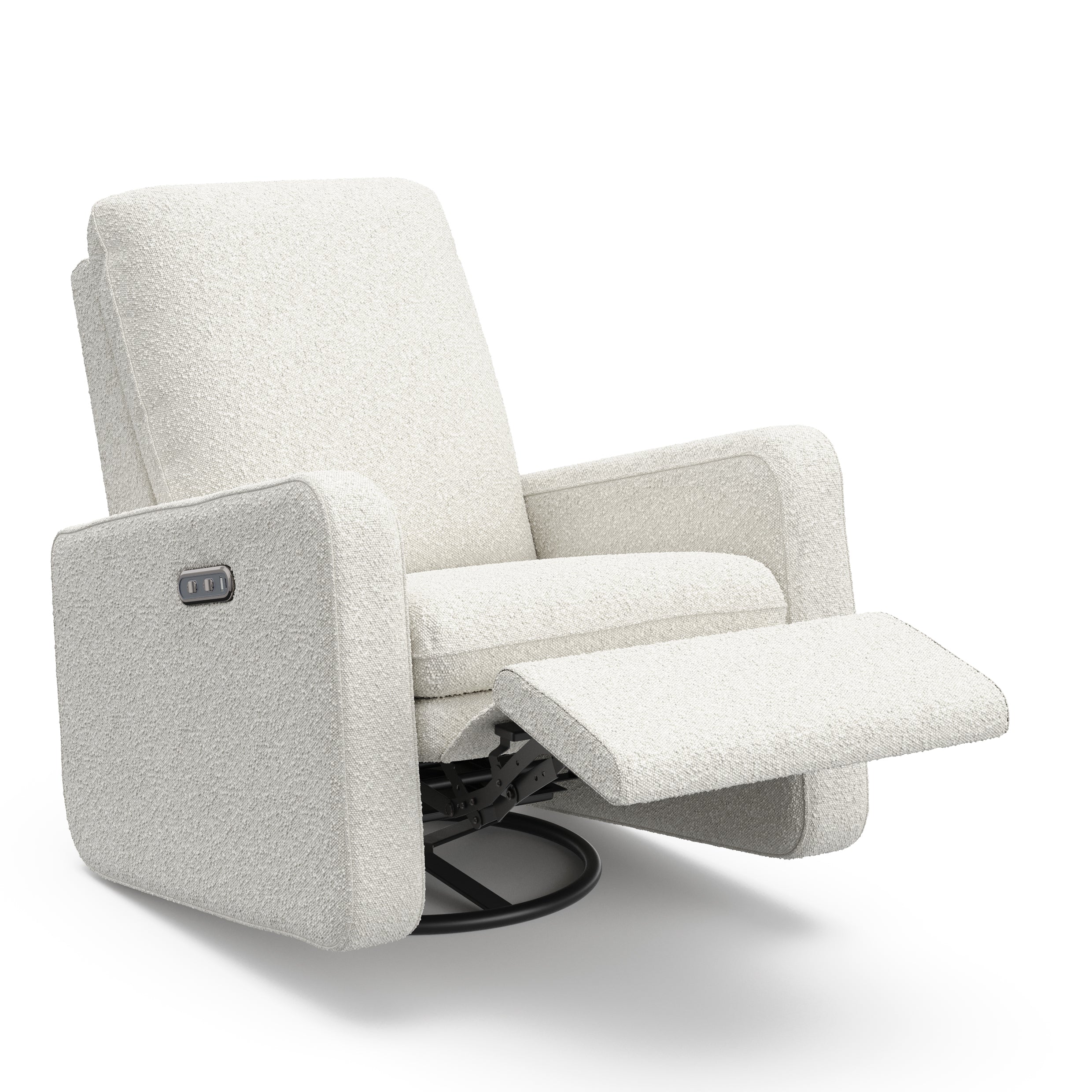 Teddi ivory boucle power recliner angle view with leg rest up