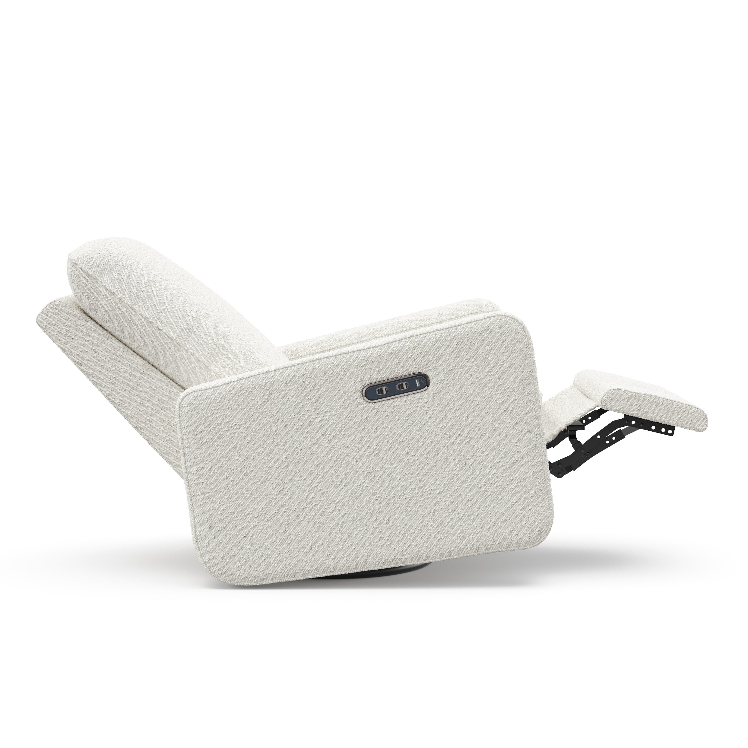 Teddi ivory boucle power recliner reclined side view with leg rest up