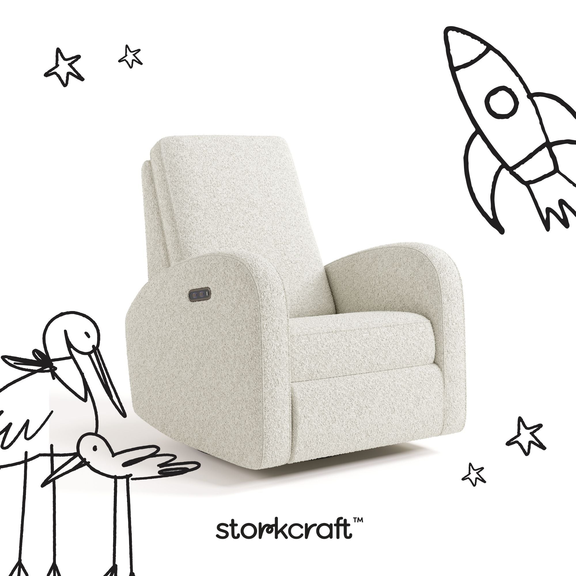 Santa Monica ivory boucle recliner with black doodles overlaid on image