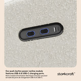 Santa Monica ivory boucle recliner dual USB ports callout