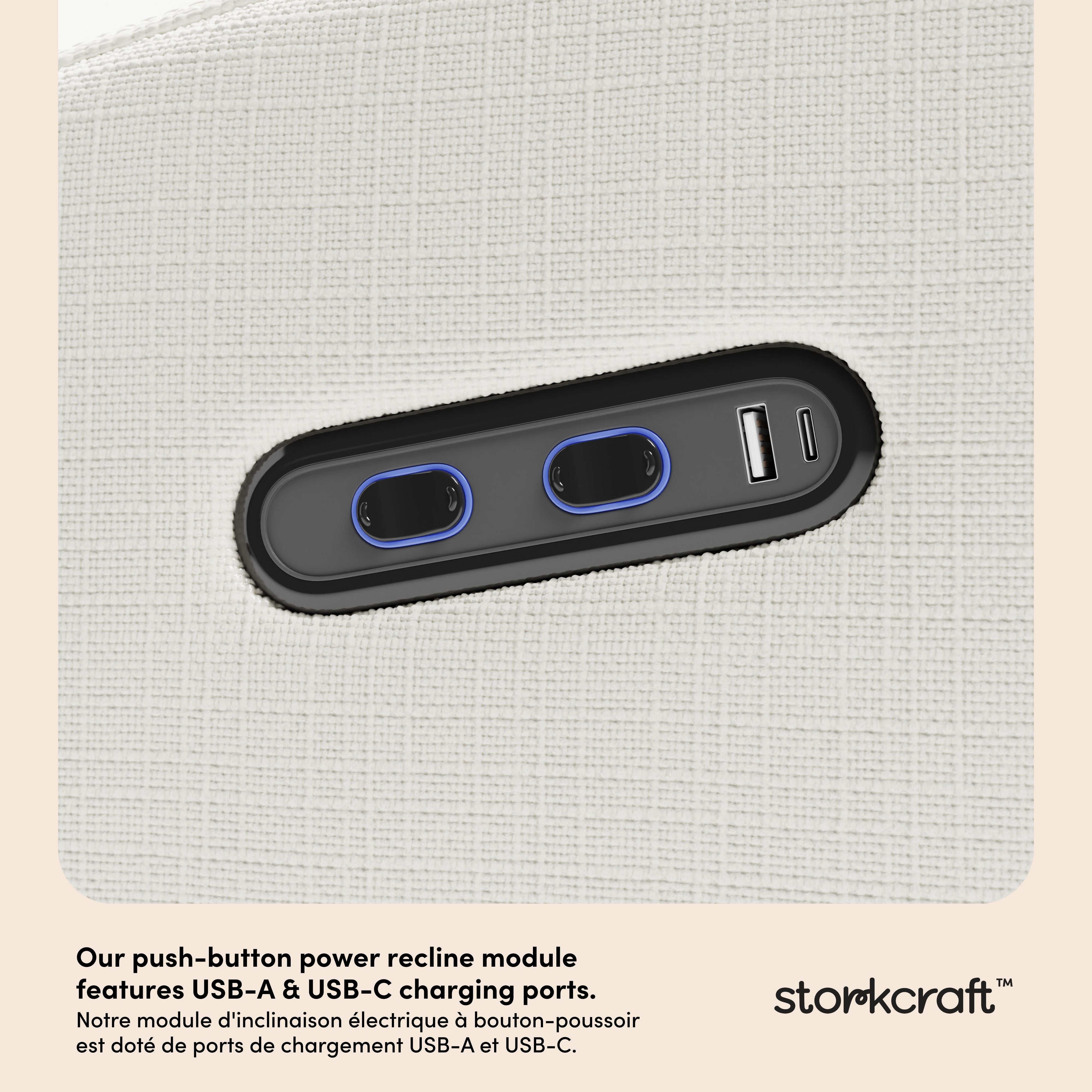 Santa Monica ivory basketweave recliner dual USB ports callout