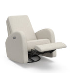 Angled view of an dune basketweave reclining glider in a reclined position