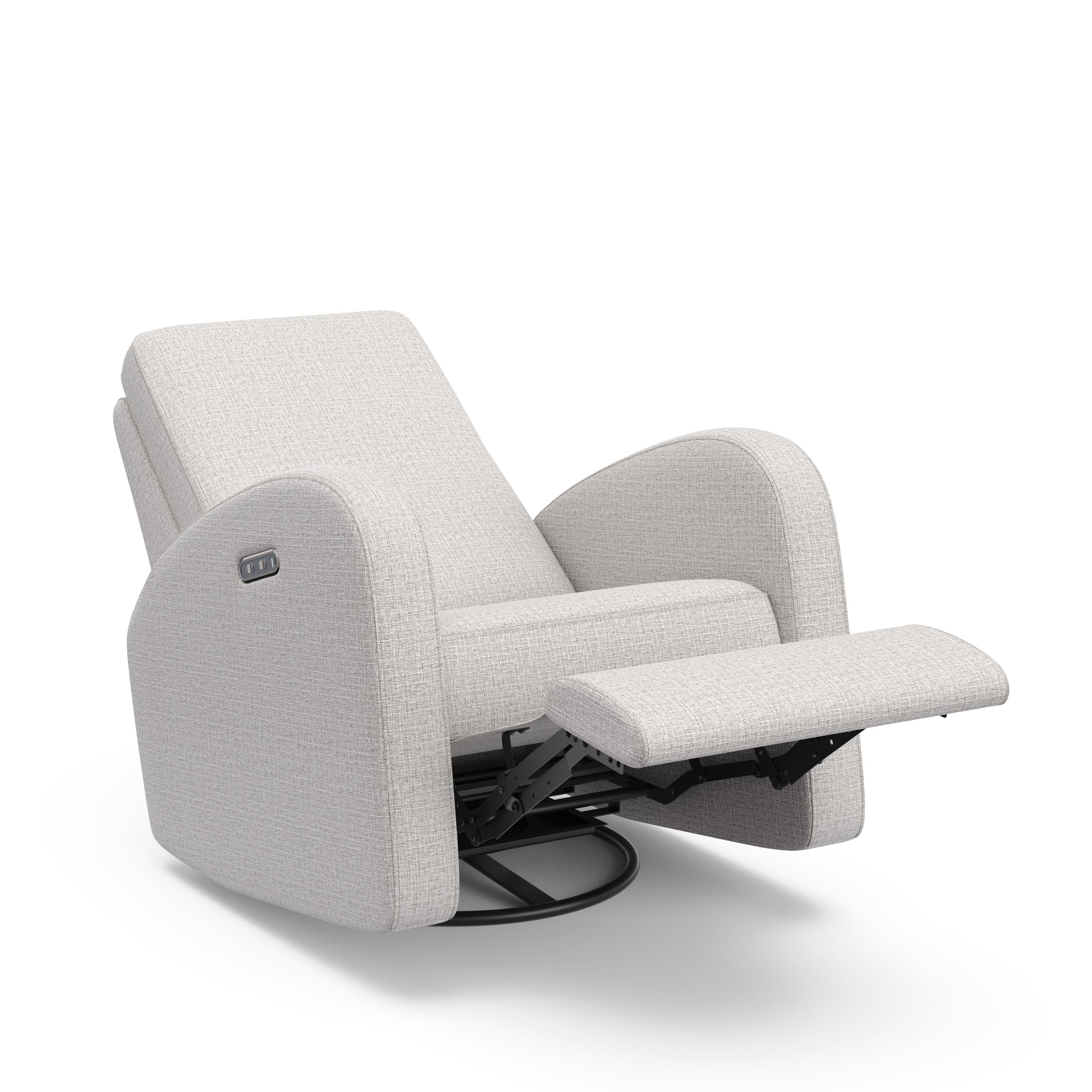 Angled view of an steel basketweave reclining glider in a reclined position