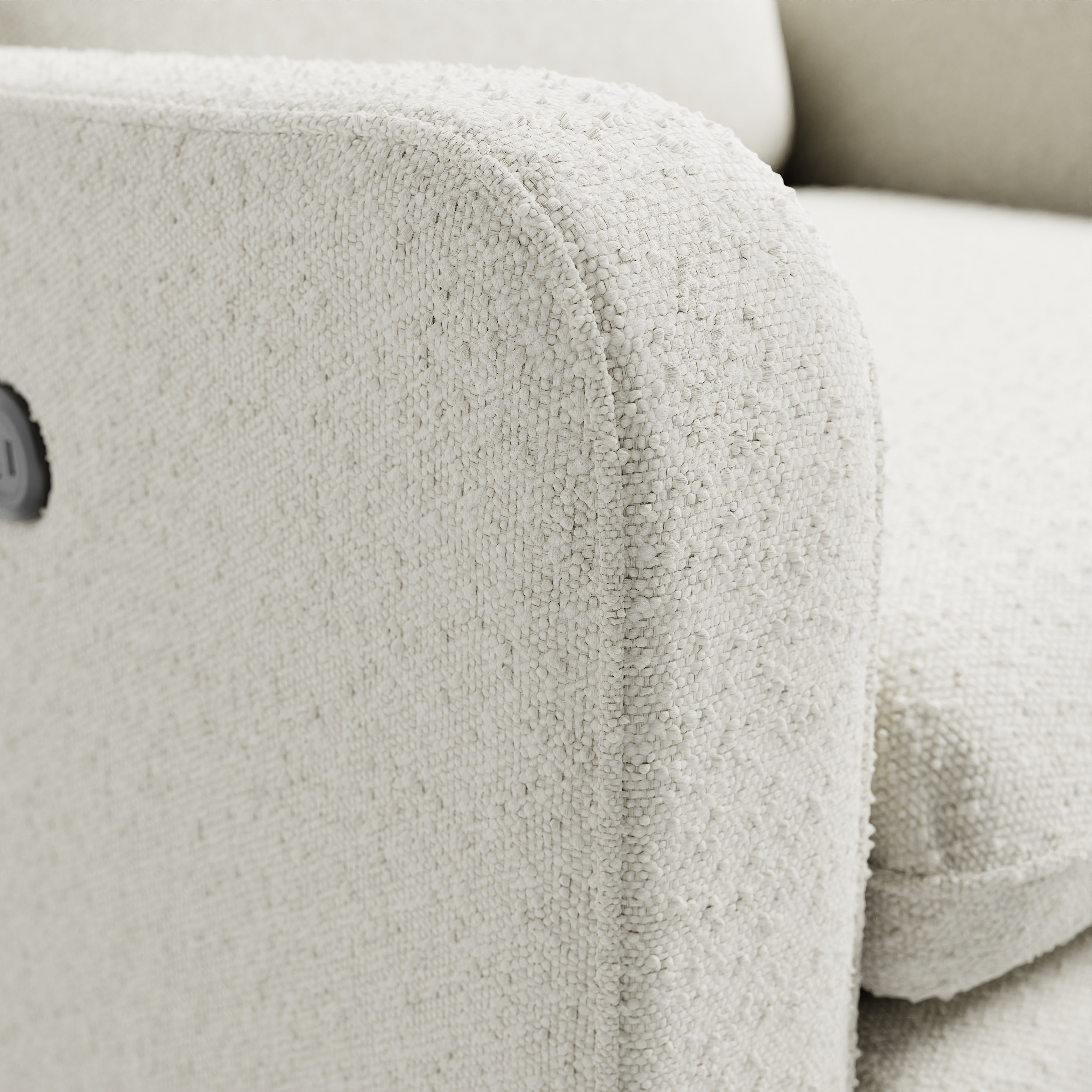 Teddi ivory boucle power recliner close up of boucle fabric on arm