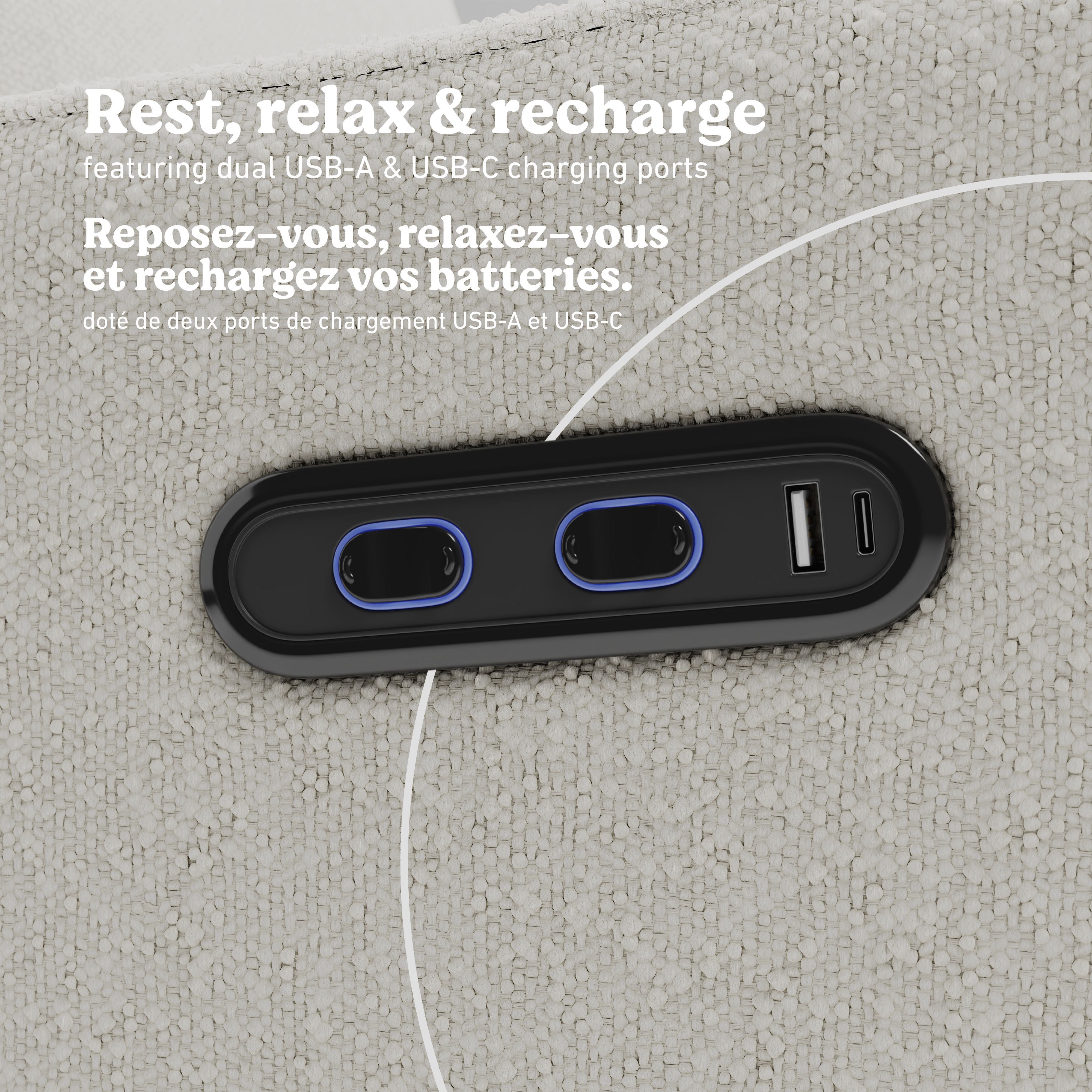 Teddi ivory boucle power recliner dual USB ports callout