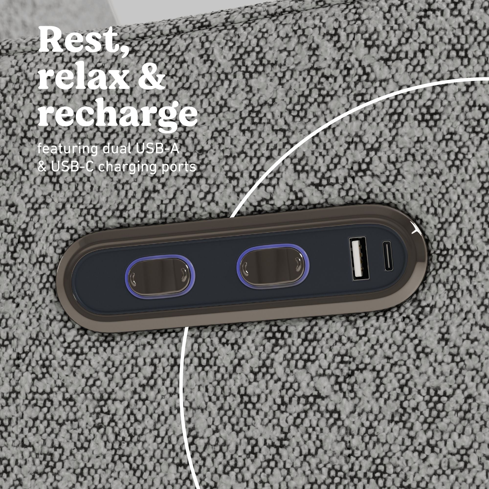 Teddi salt and pepper boucle power recliner dual USB ports callout