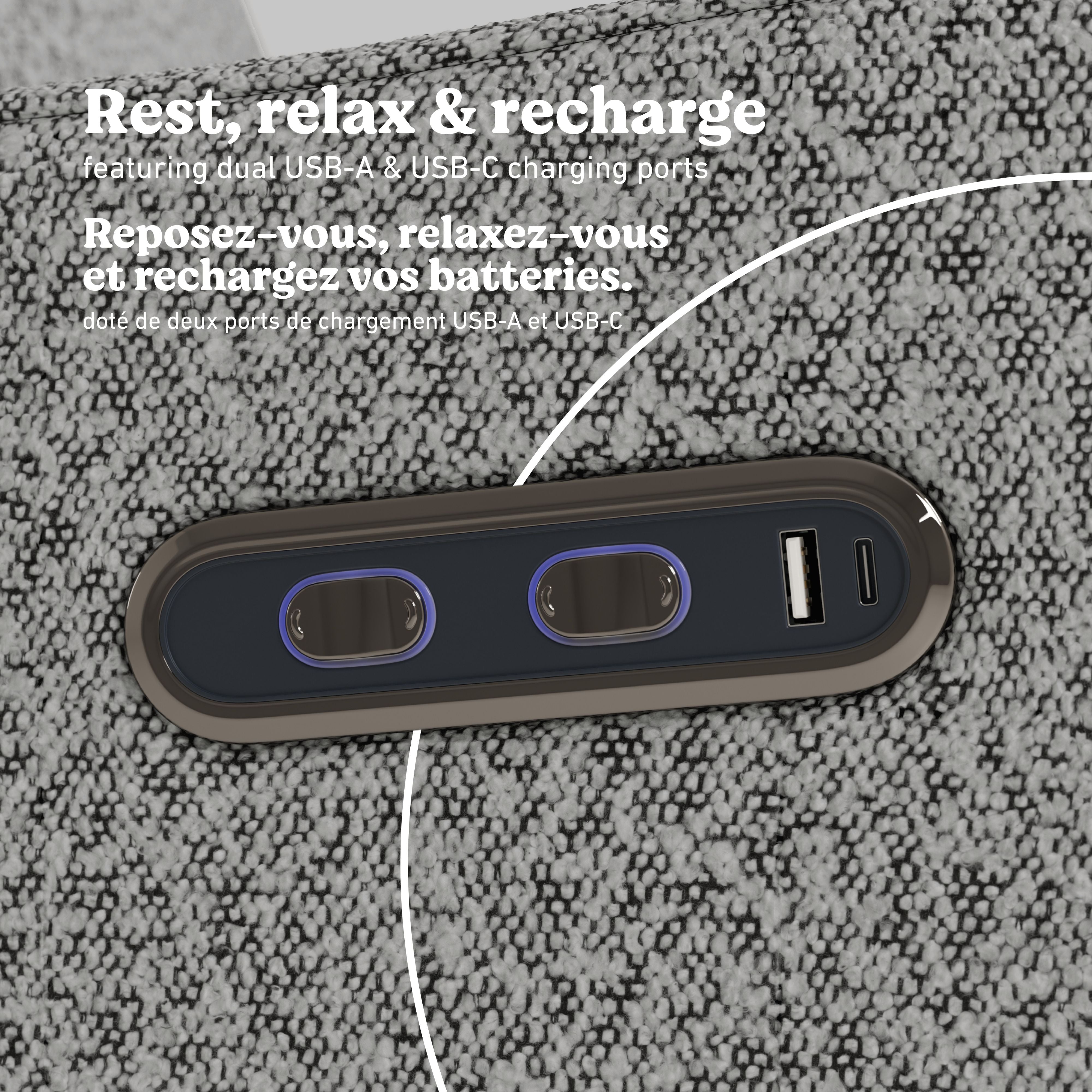 Teddi salt and pepper boucle power recliner dual USB ports callout