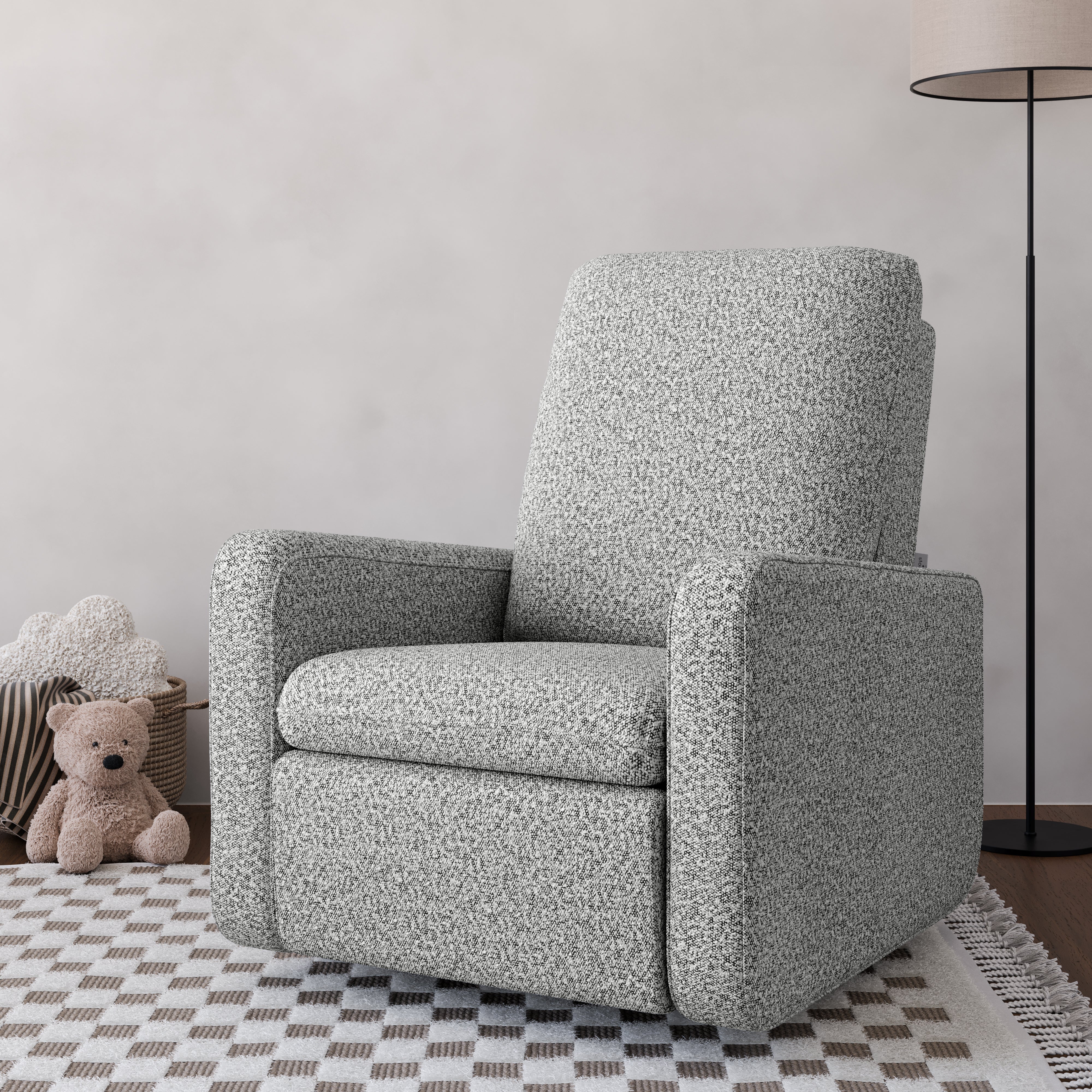 Teddi salt and pepper boucle power recliner in nursery