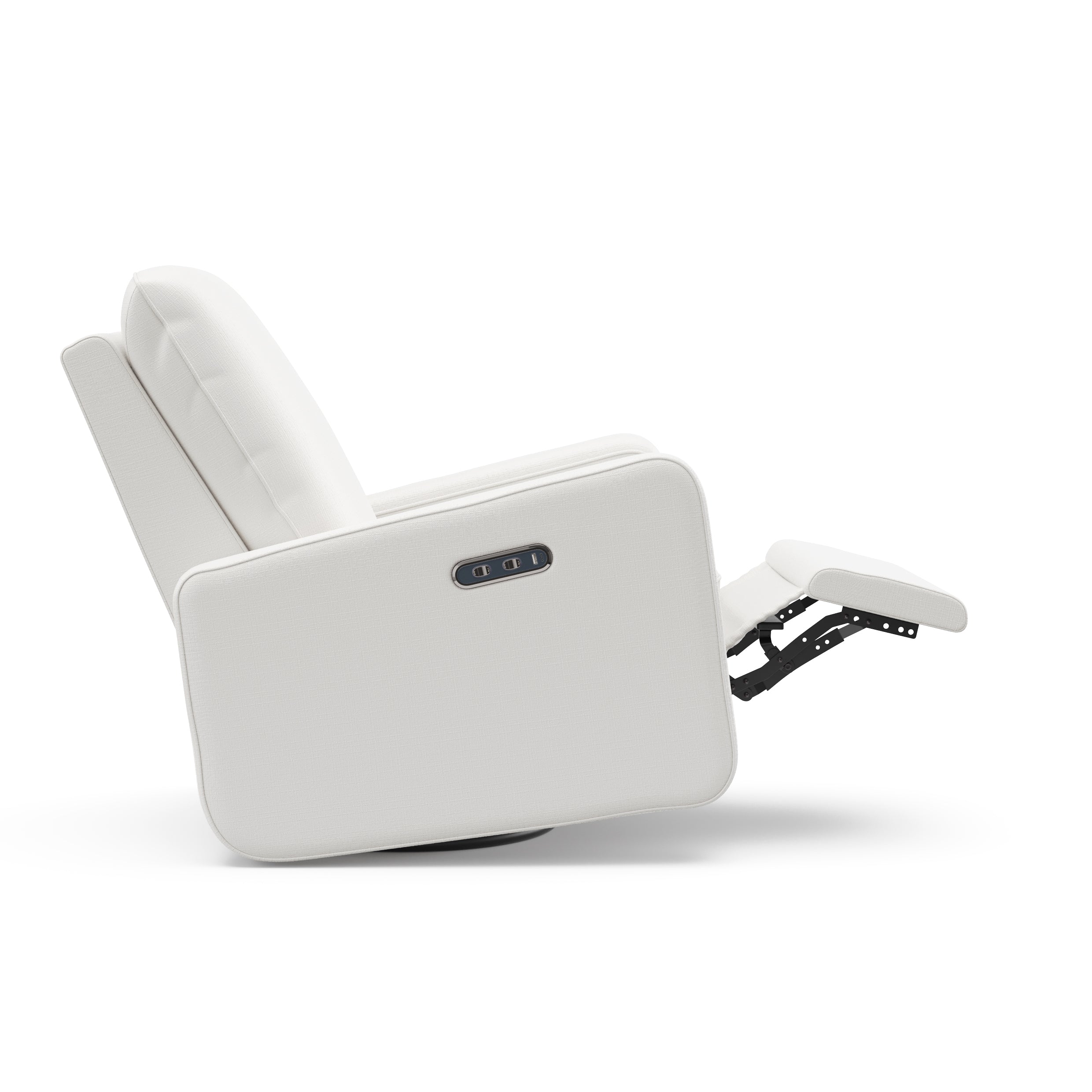 Teddi ivory basketweave power recliner side view with leg rest up