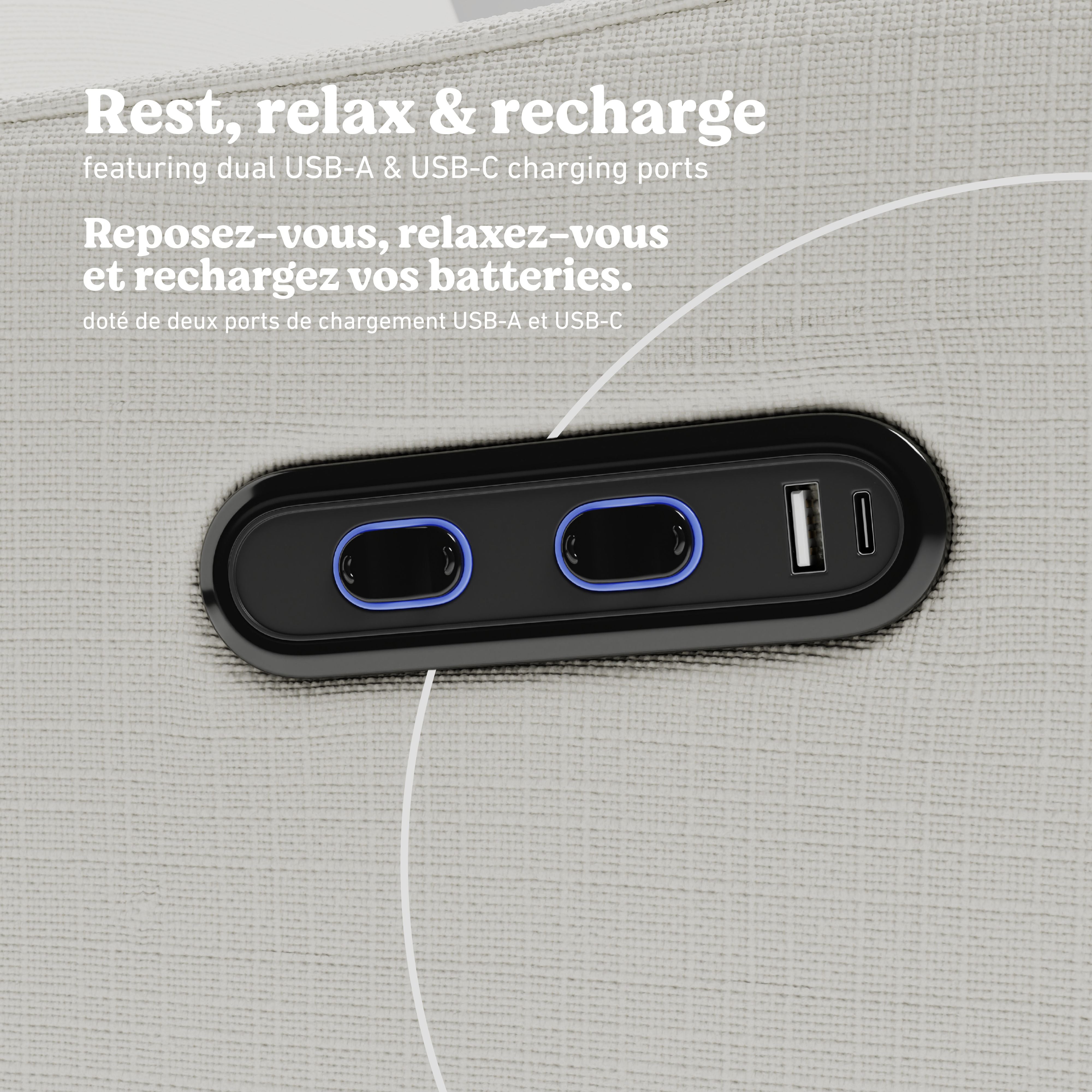 Teddi ivory basketweave power recliner dual USB ports callout