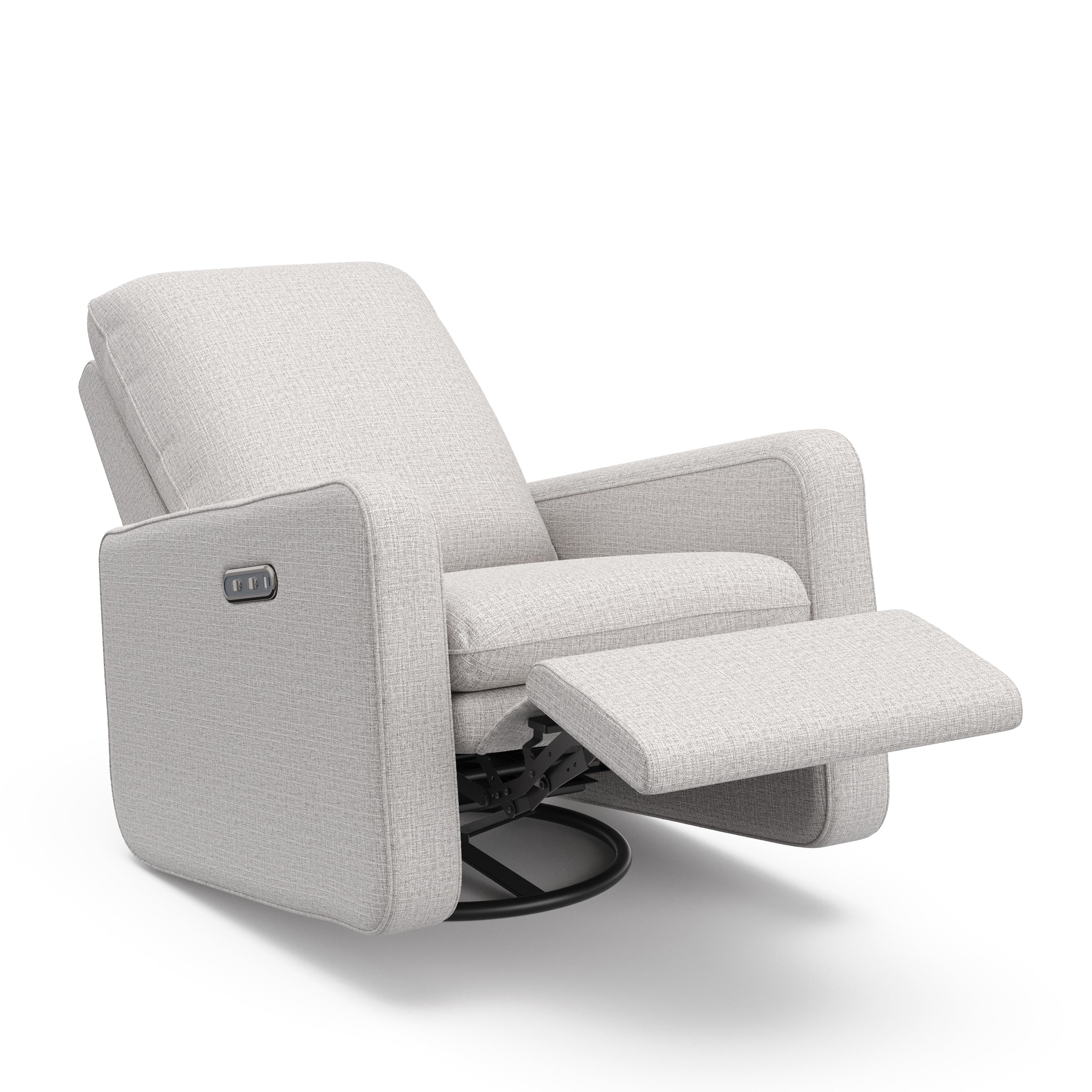 Teddi steel basketweave power recliner reclined angle view with leg rest up