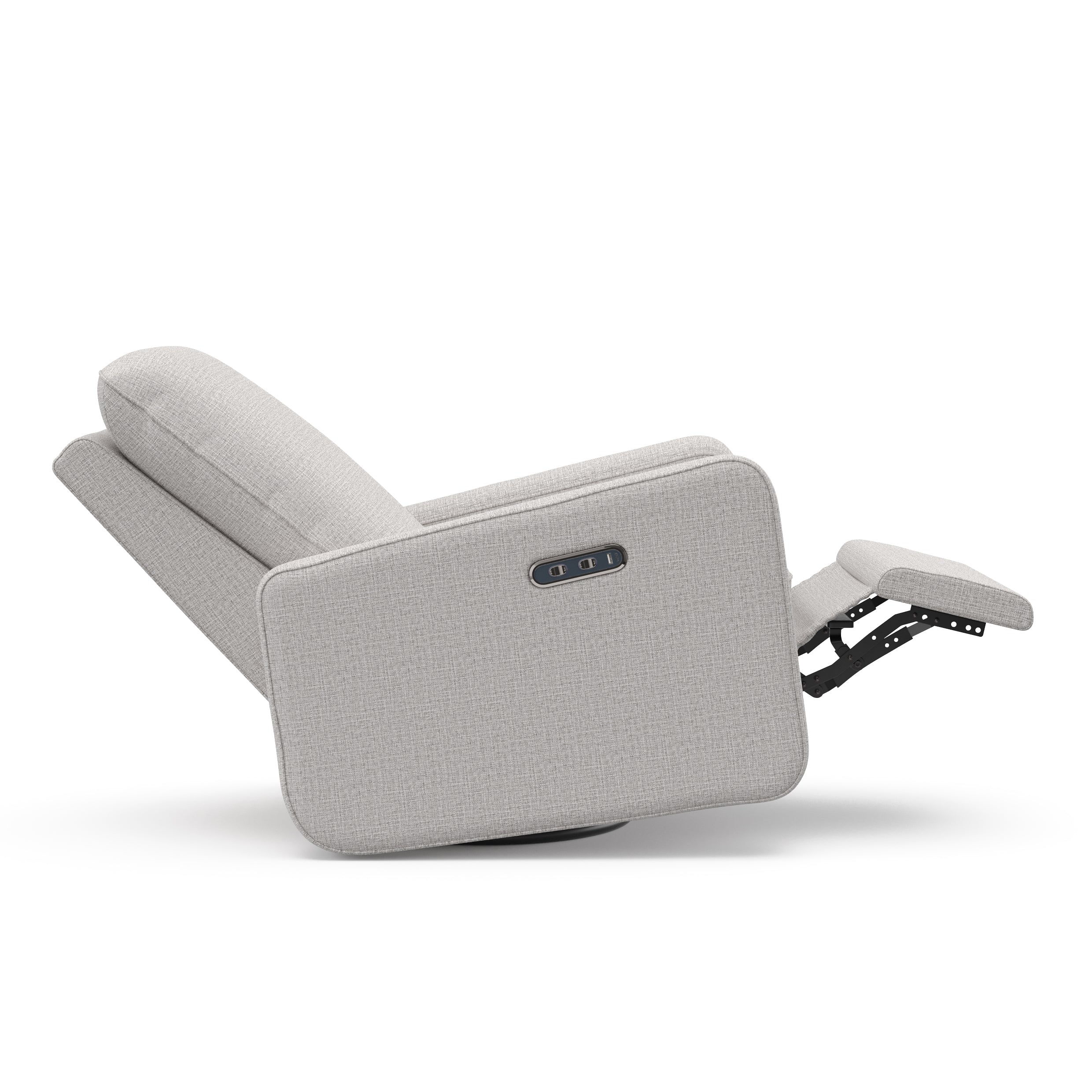 Teddi steel basketweave power recliner reclined side view with leg rest up