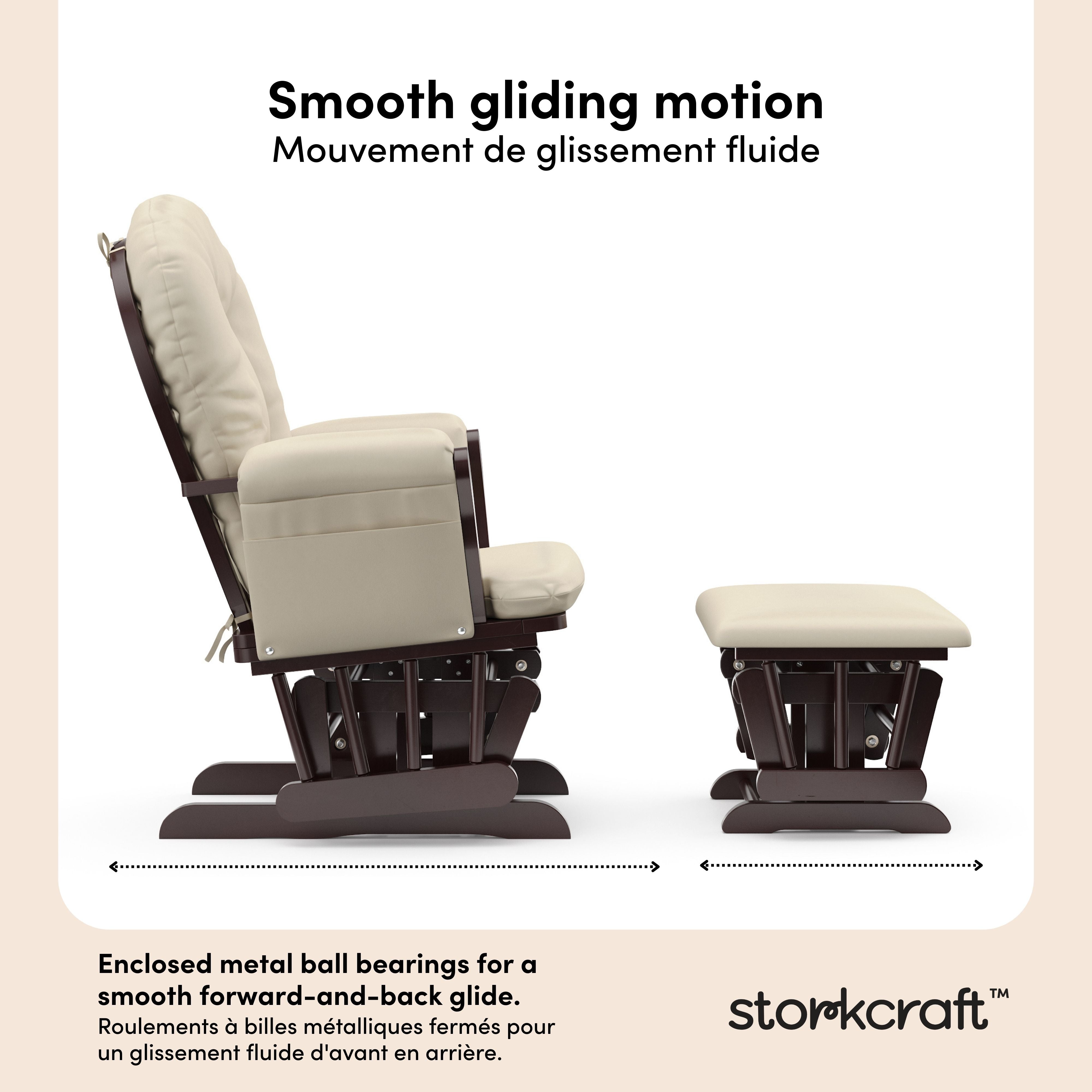 Hoop espresso with beige glider and ottoman motion callout