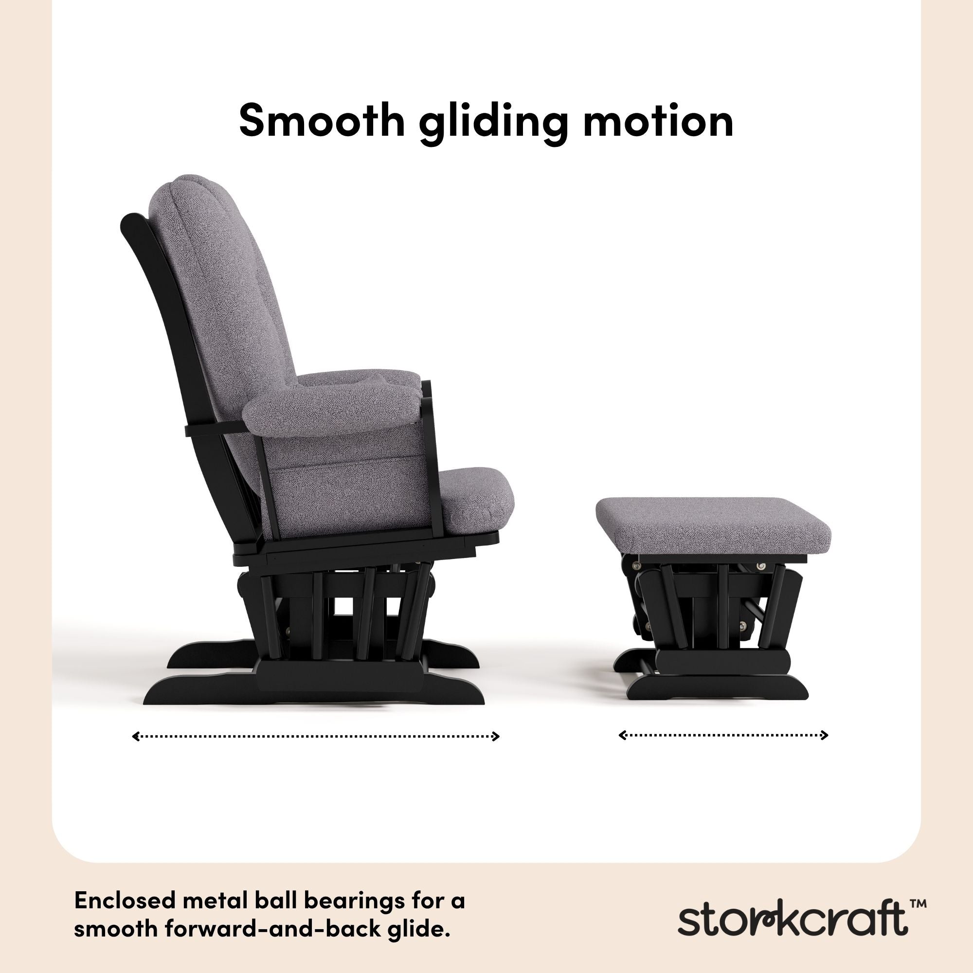 Tuscany black with gray swirl glider and ottoman smooth gliding motion callout