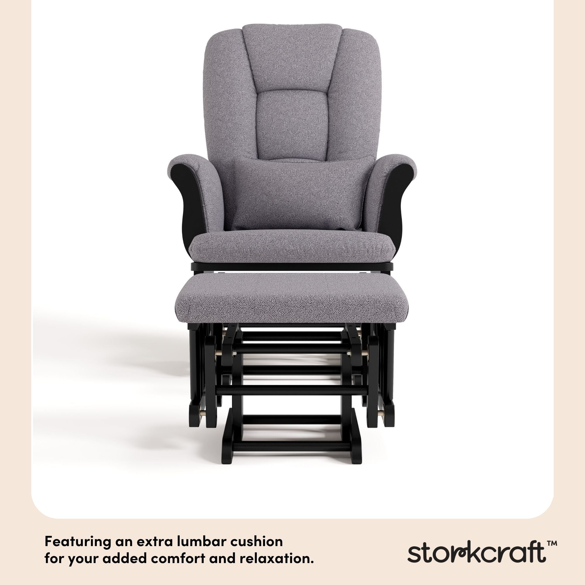 Tuscany black with gray swirl glider and ottoman lumbar cushion callout