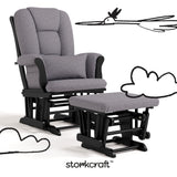 Tuscany black with gray swirl glider and ottoman with black doodles overlaid on image