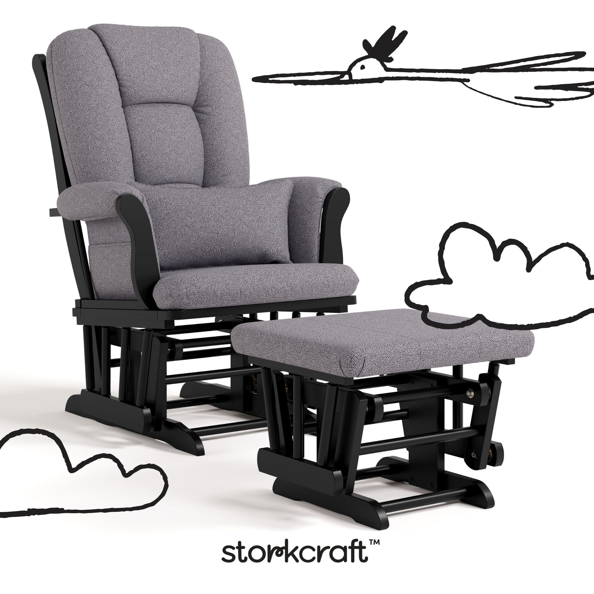 Tuscany black with gray swirl glider and ottoman with black doodles overlaid on image