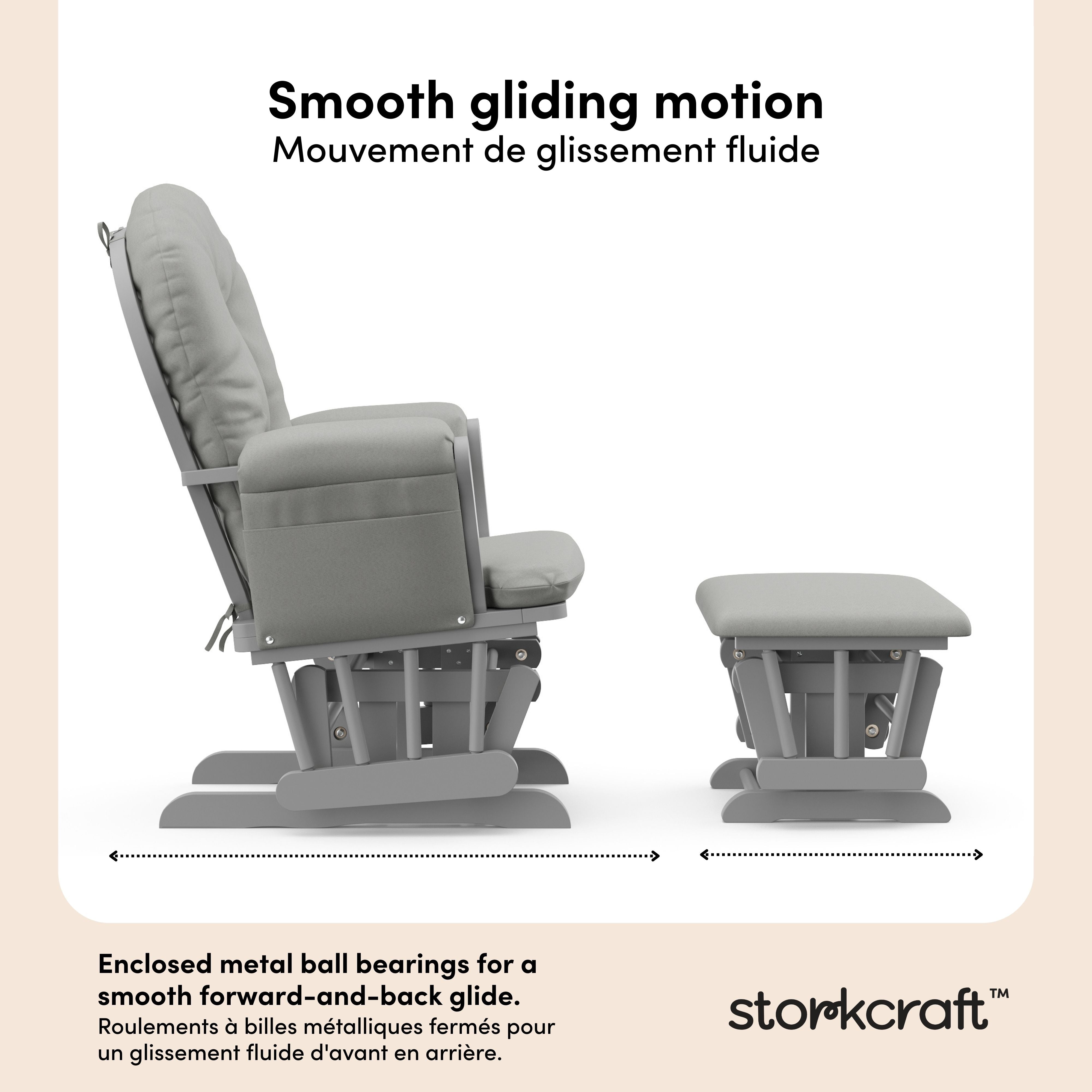 Hoop pebble gray with light gray glider and ottoman motion callout