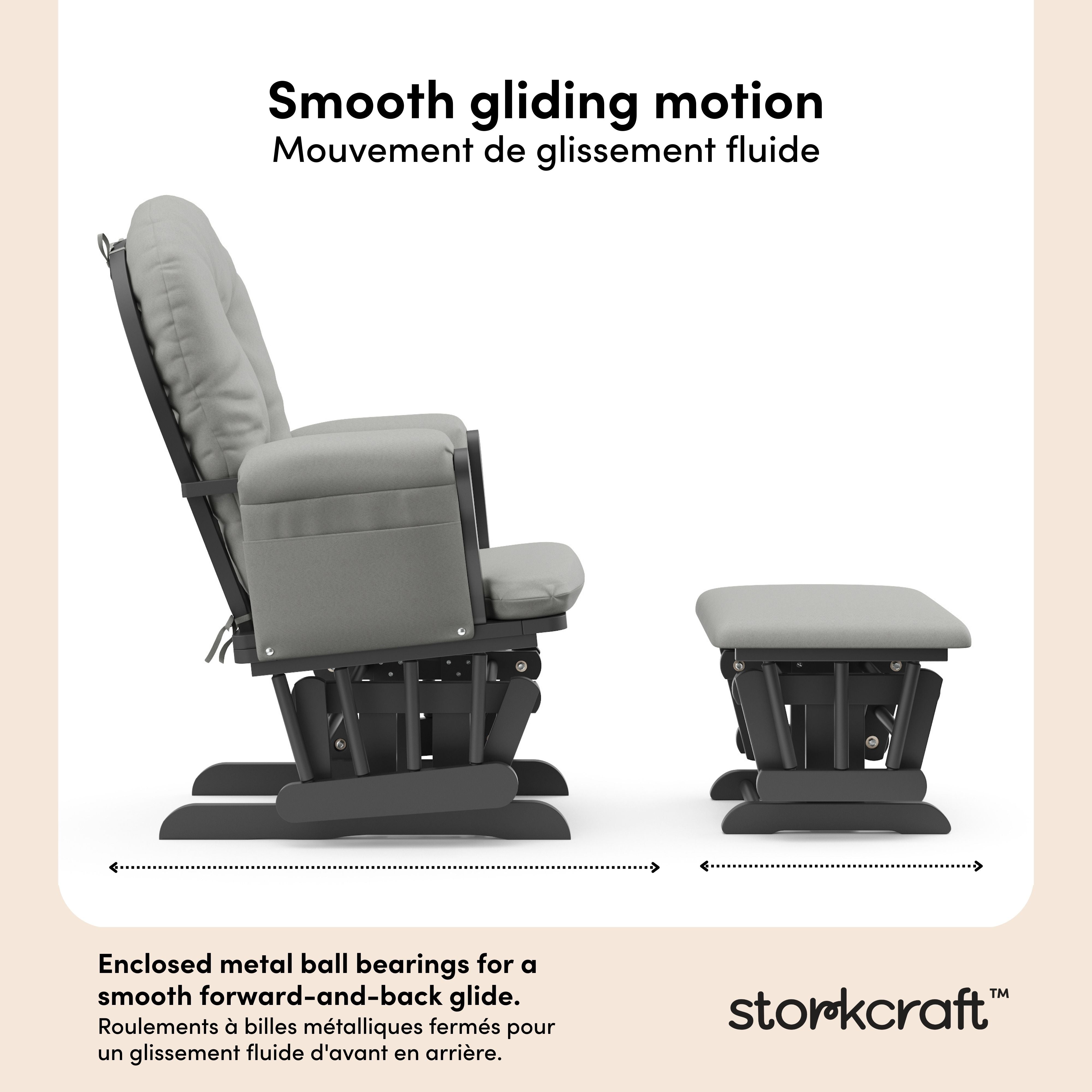 Hoop gray with light gray glider and ottoman motion callout