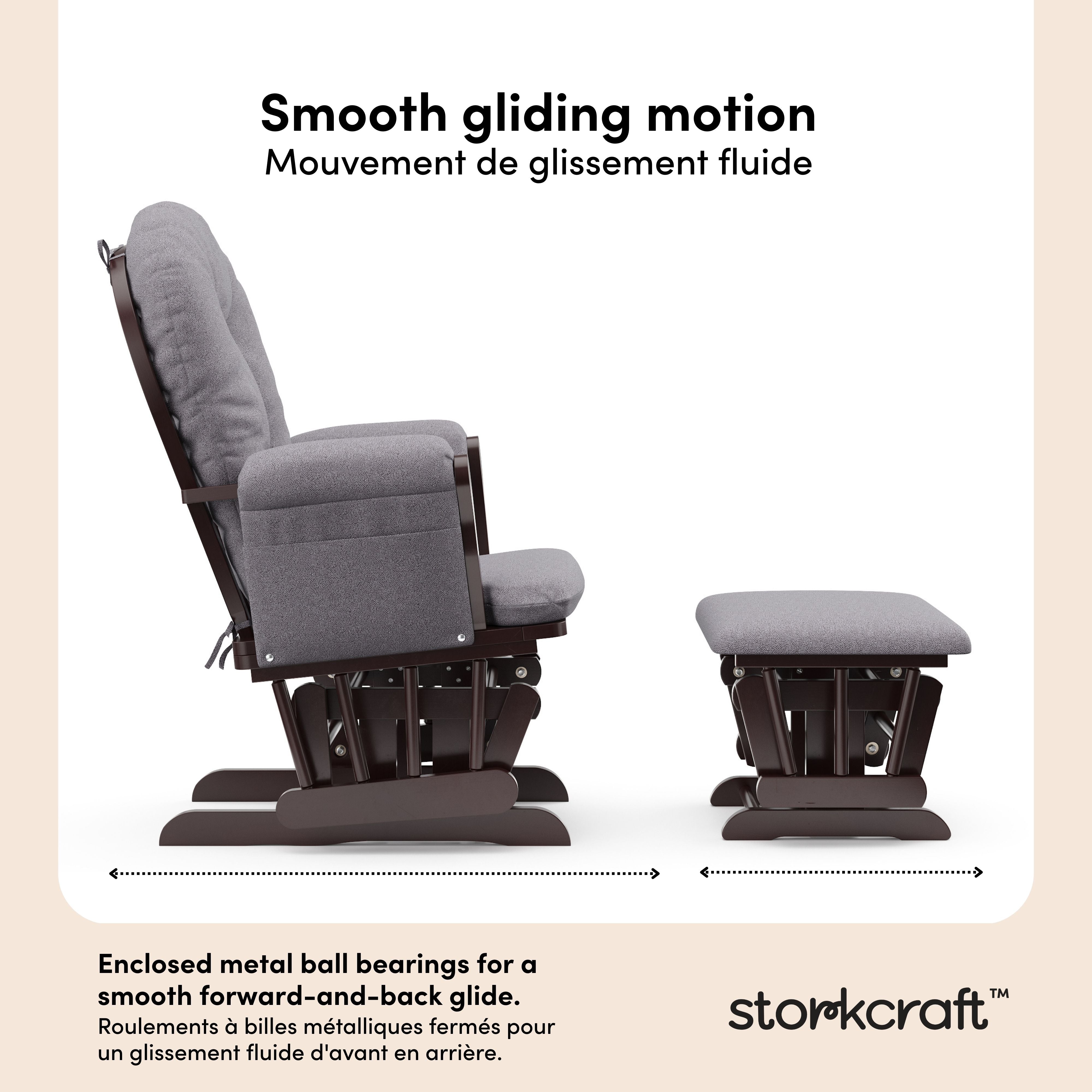 Hoop espresso with gray swirl glider and ottoman motion callout