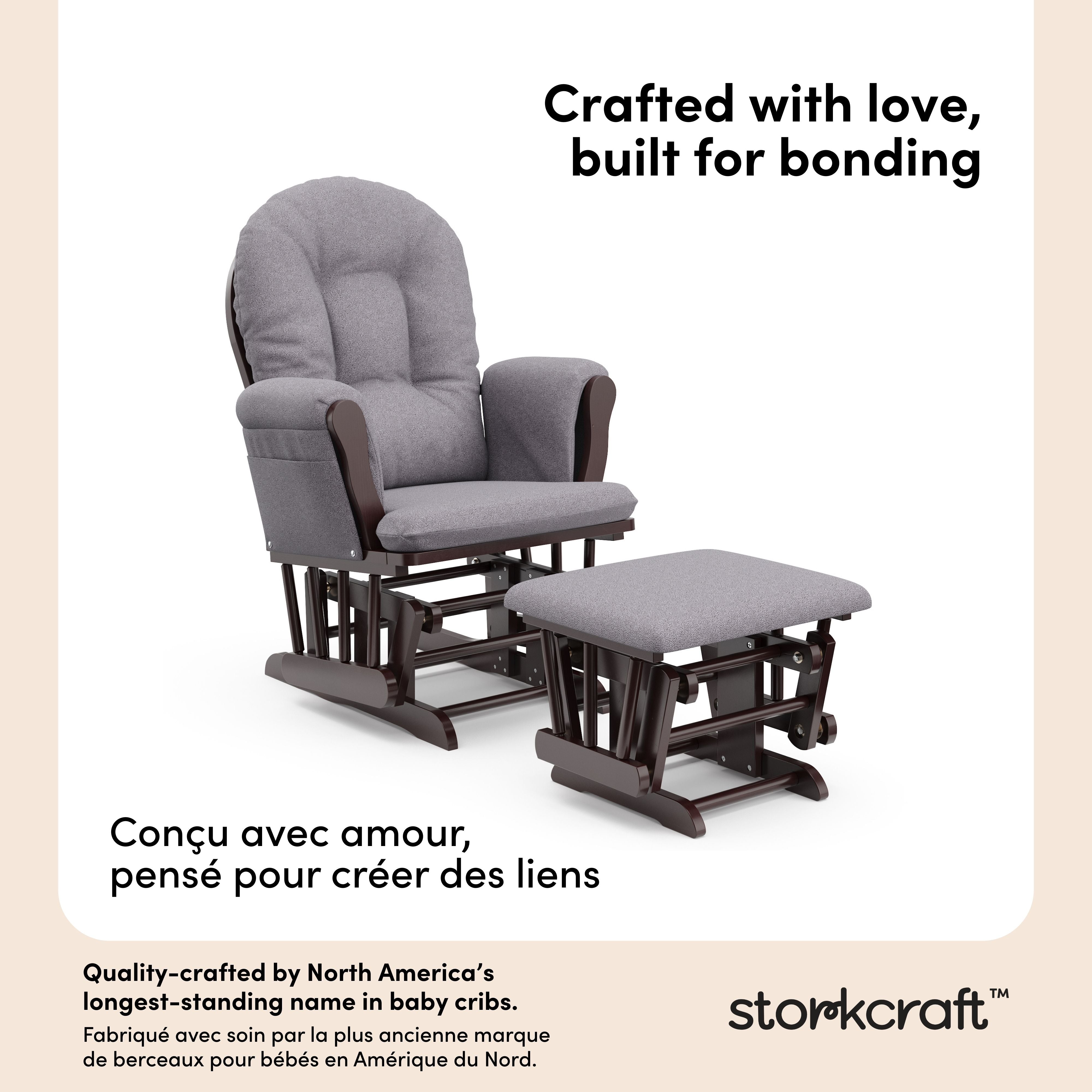 Hoop espresso with gray swirl glider and ottoman style callout