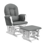 white glider and ottoman with gray cushions angled view