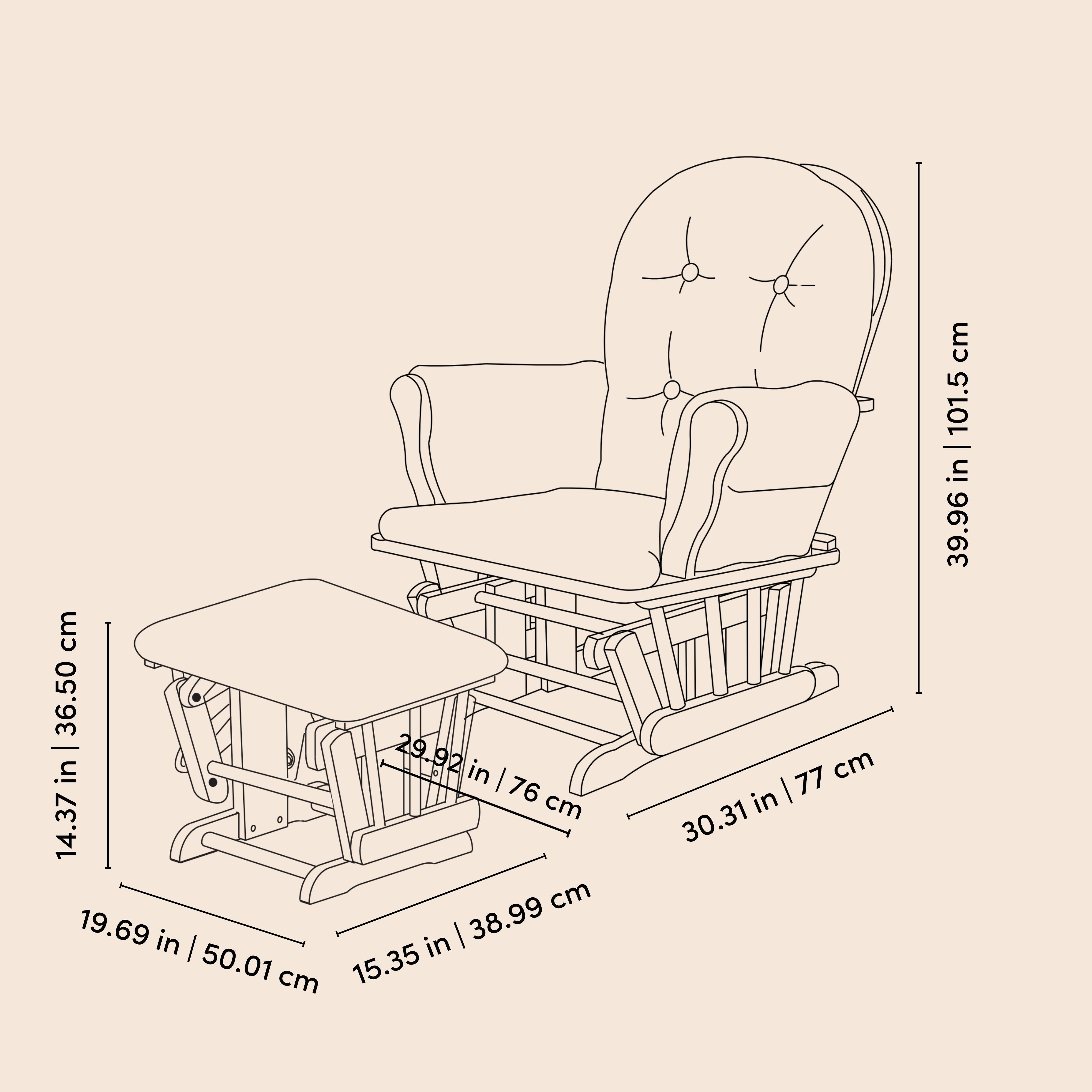 Hoop glider and ottoman line drawing with dimensions