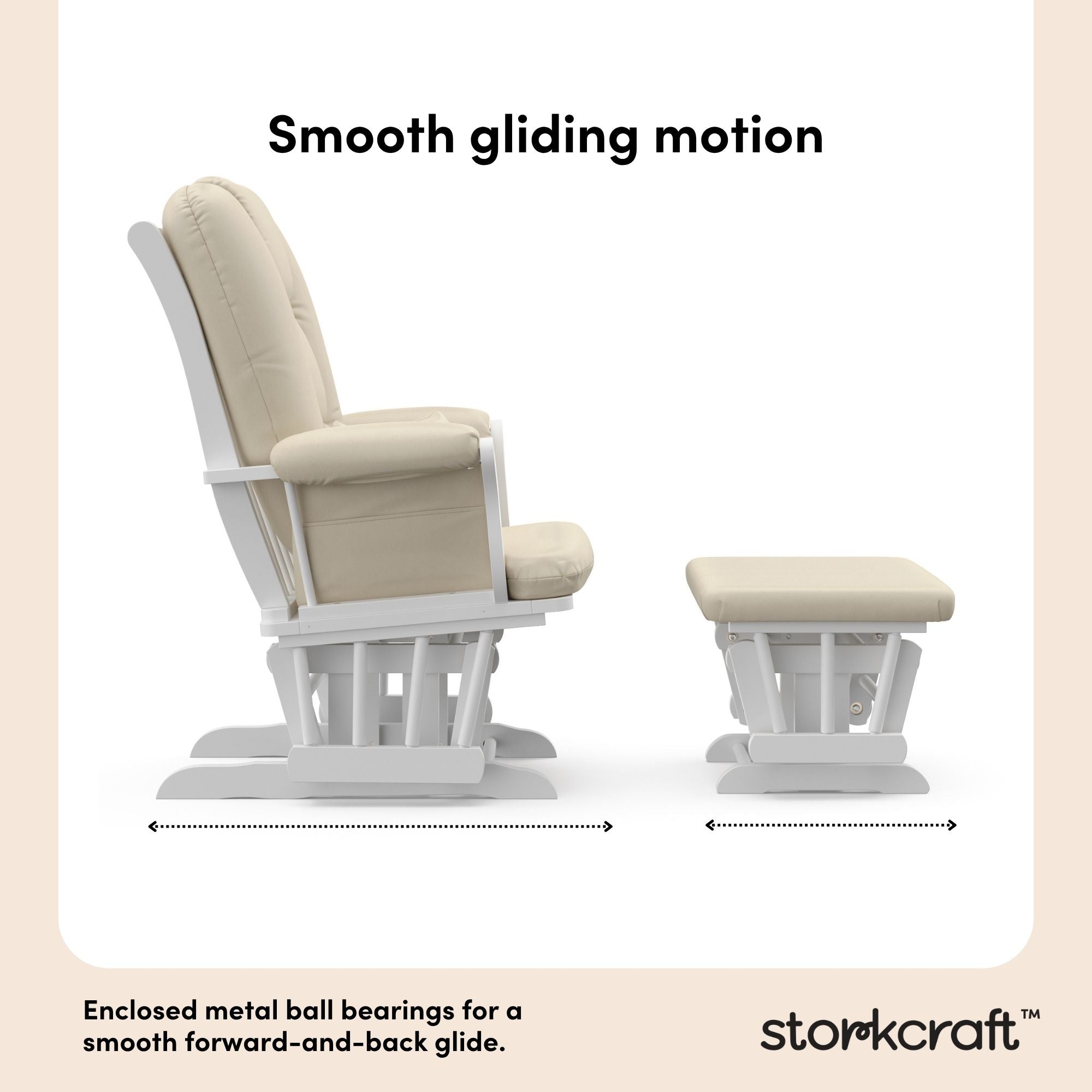 Tuscany white with beige glider and ottoman smooth gliding motion callout
