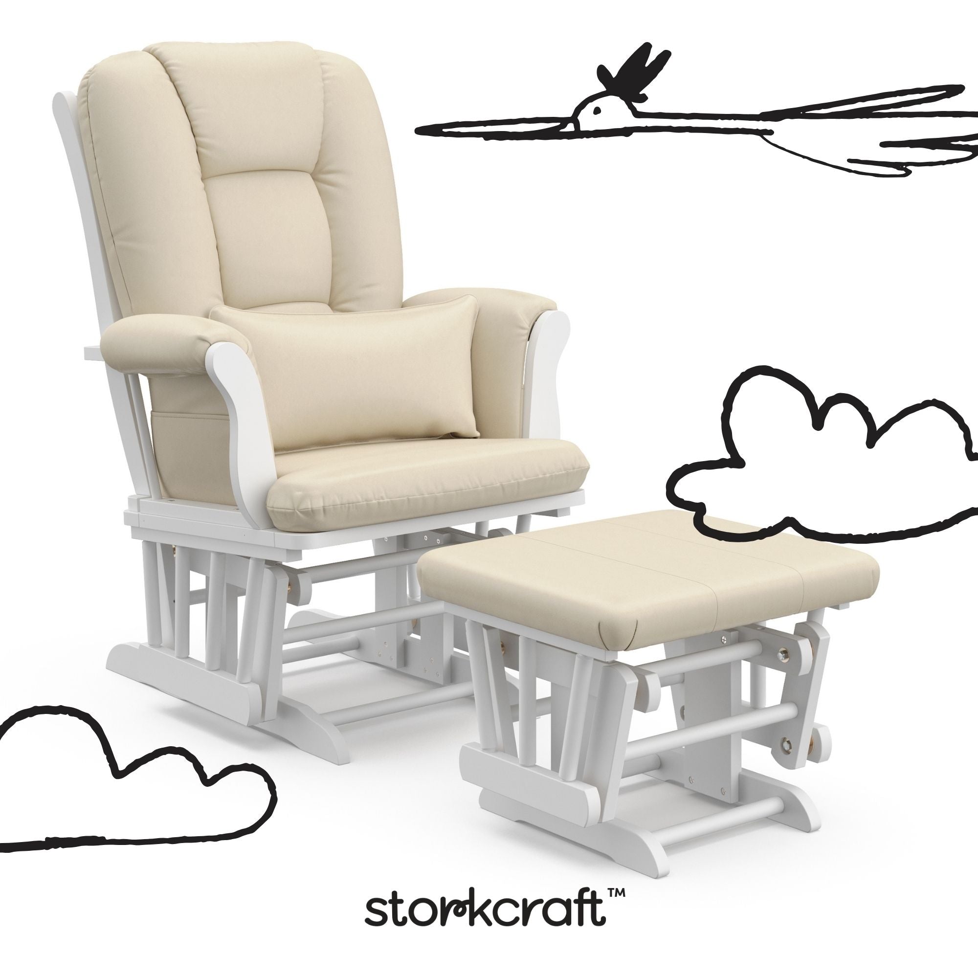 Tuscany white with beige glider and ottoman with black doodles overlaid on image