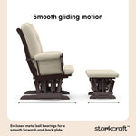 Tuscany espresso with beige glider and ottoman smooth gliding motion callout