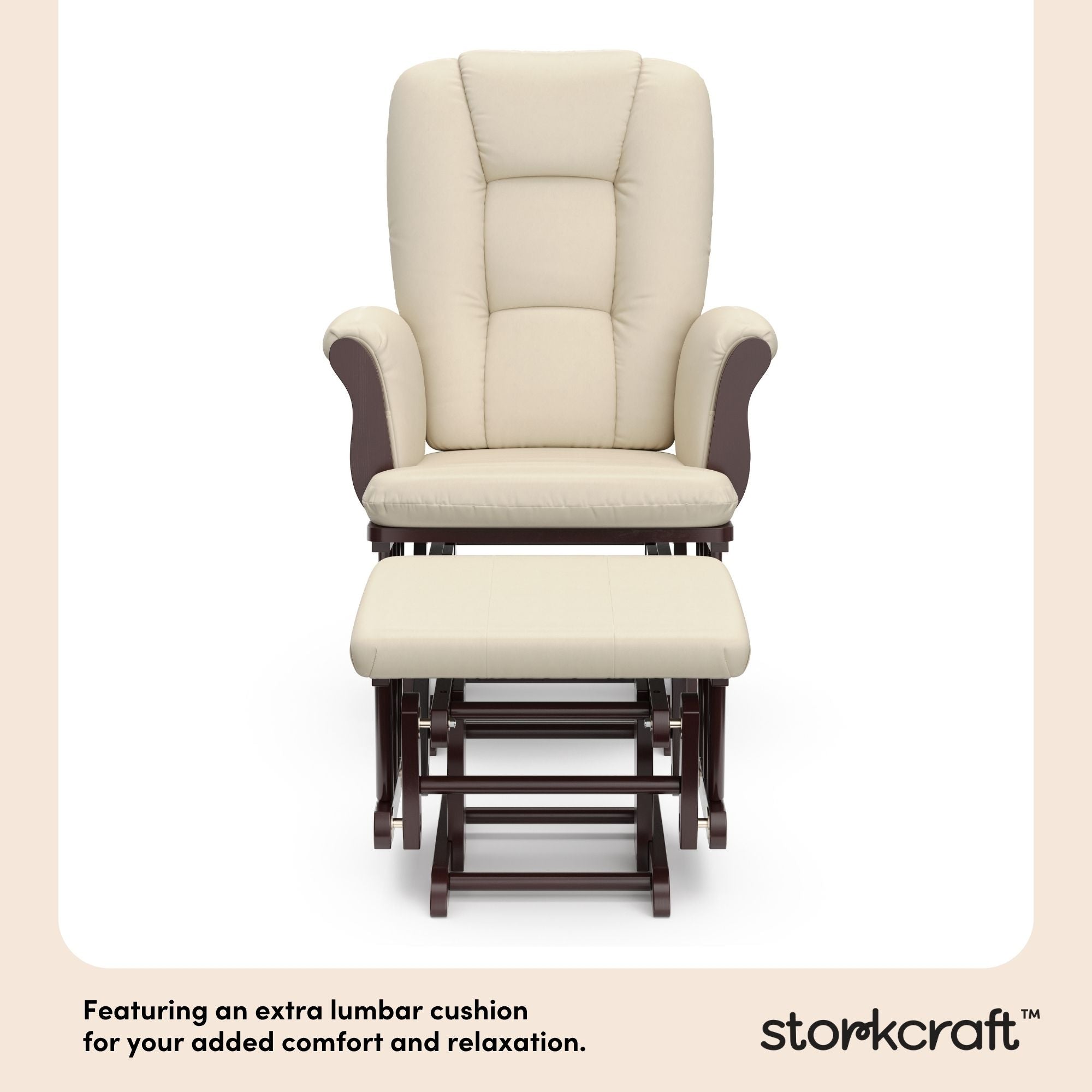 Tuscany espresso with beige glider and ottoman lumbar cushion callout