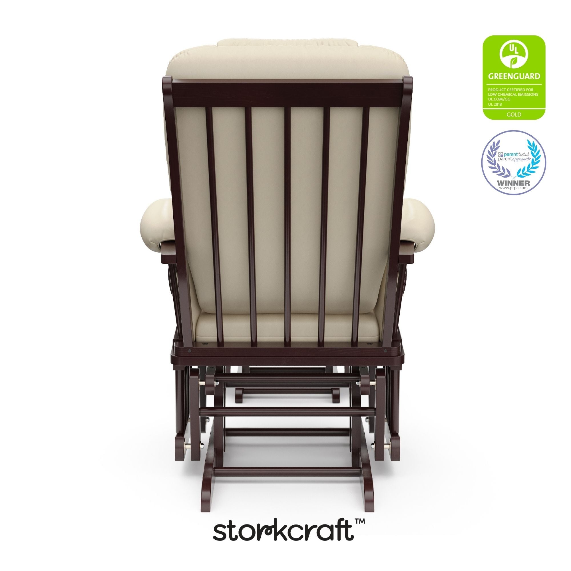 Tuscany espresso with beige glider and ottoman with GGG and PTPA logos on top right