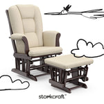 Tuscany espresso with beige glider and ottoman with black doodles overlaid on image